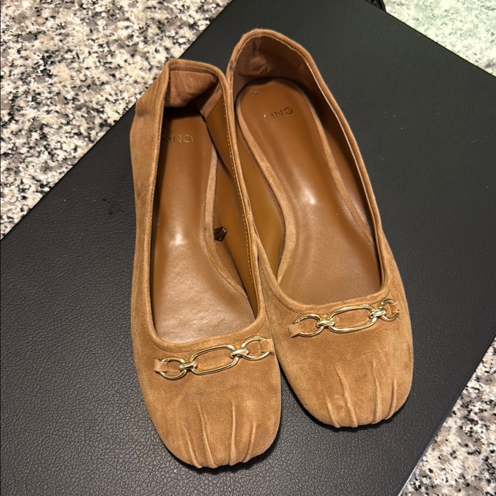 Camel Brown Suede Flats with Gold Chain Detail